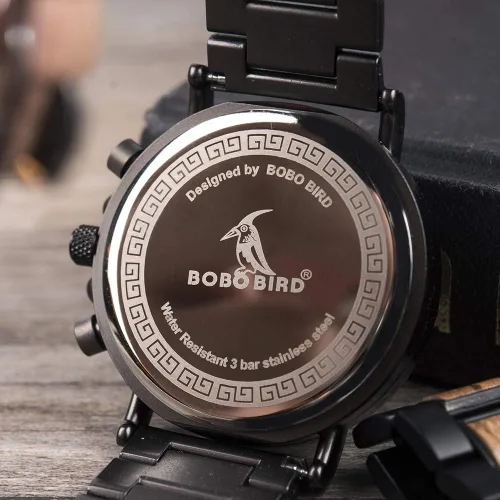 Vista 5 de BOBO BIRD Reloj de acero inoxidable de madera para hombre, cronógrafo, relojes de cuarzo