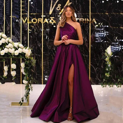 Vista 6 de XYAYE Vestidos de fiesta de satén de un hombro con abertura, vestidos de noche formales largos con bolsillos para fiesta de mujer