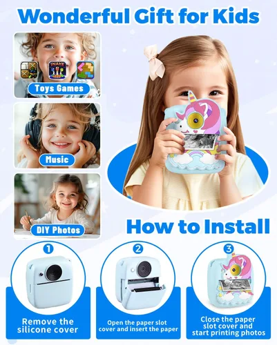 Vista 6 de Cámara para Niños Impresión Instantánea, Regalos de Navidad y Cumpleaños para Niños de 3 a 8 Años, Cámara de 48MP y 1080P para Niños con Papel
