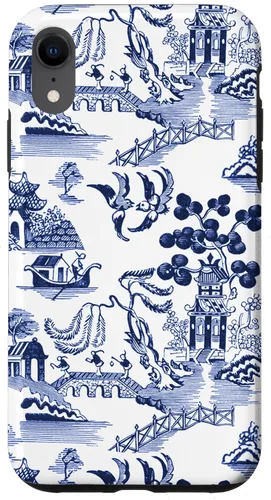 Vista 24 de iPhone 14 Pro Preppy Azul y Blanco Willow Patrón Chinoiserie Toile Case