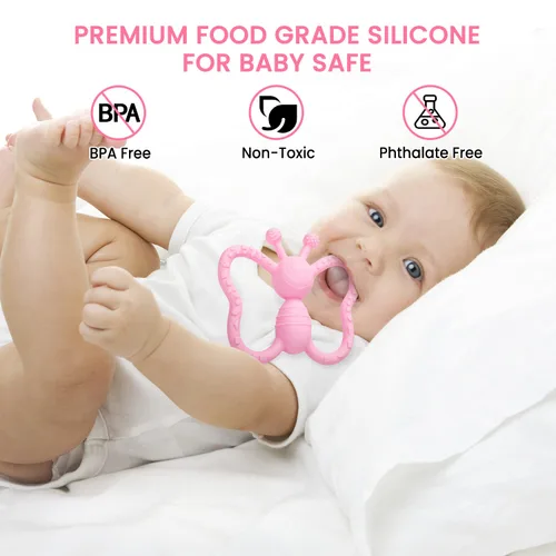 Vista 3 de Juguetes de dentición para bebés, diseño de mariposa, juguete para aliviar el dolor para bebés recién nacidos, regalo de ducha neutro seguro