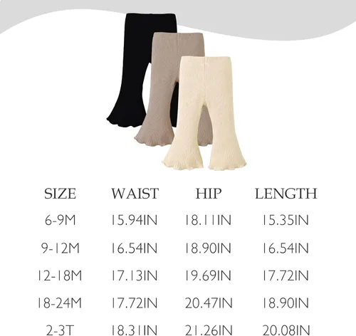 Vista 6 de SOBOWO Pantalones acampanados para bebé, paquete de 3 unidades para niña pequeña, color liso, acanalado, con volantes, pantalones acampanados