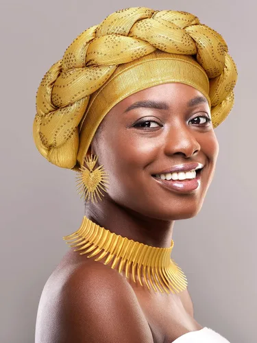 Vista 2 de Yinkin Juego de joyas africanas para mujer, para fiestas, doradas, collares, baberos, turbante africano, para fiestas temáticas