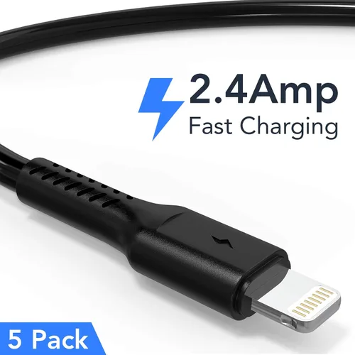 Vista 2 de Cable de carga corto para iPhone de 6 pulgadas, paquete de 5 cables de 0.5 pies USB a Lightning para estaciones de carga rápida compatibles