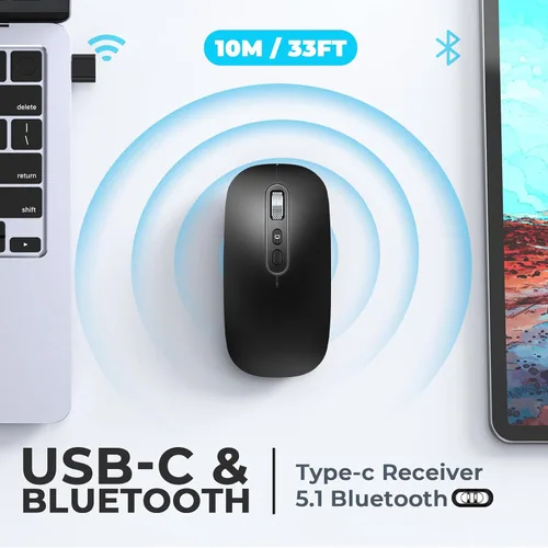 Vista 2 de RaceGT Ratón inalámbrico USB C, mouse recargable de modo dual (tipo C y Bluetooth), ratones Bluetooth silenciosos para MacBook Air/Pro, ratones