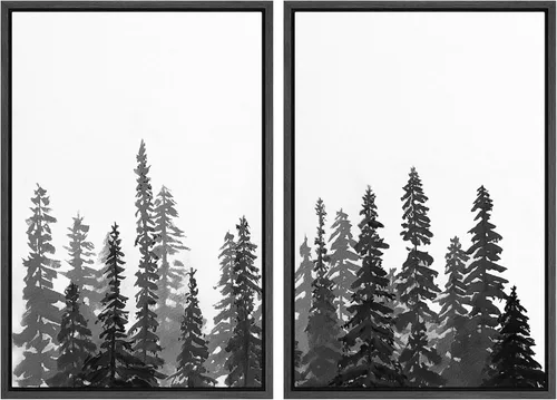 Vista 96 de SIGNWIN Lienzo enmarcado para pared, juego de arte con anillos de árbol de bosque grunge en blanco y negro, ilustraciones de naturaleza silvestre