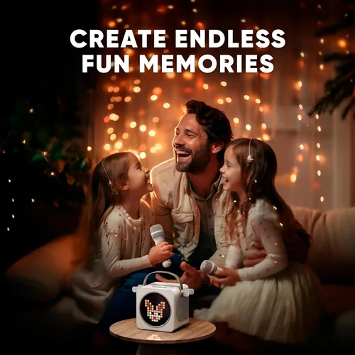 Vista 6 de MASINGO Mini máquina de karaoke portátil para niños y adultos con micrófonos Bluetooth inalámbricos duales, pantalla LED animada, USB/Aux/MicroSD