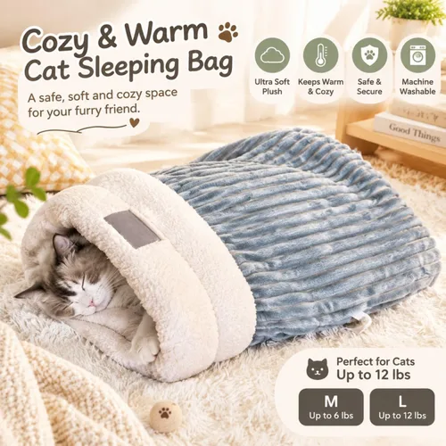 Vista 3 de Saco de dormir para gatos, cama cálida y esponjosa para gatos de interior Gris