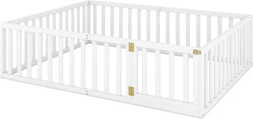 Vista 5 de Harper & Bright Designs Cama de suelo Queen con rieles, marco de cama de piso de madera con valla y puerta, para niños y niñas (blanco)