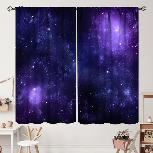 Vista 18 de Cortinas de planeta galaxia, espacio exterior, universo, nebulosa, estrellas, cielo estrellado, con bolsillo para cortinero, para sala de estar