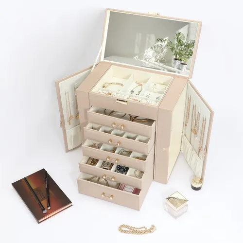 Vista 5 de V-LAFUYLIFE Caja de almacenamiento de joyas, organizador de joyas con 22 ganchos para collares, caja de joyería grande para anillos, pulseras