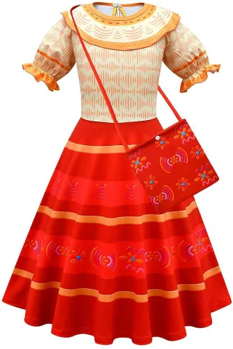 Vista 2 de MEFINESHOW Disfraz de Mirabel para niñas vestido de princesa Luisa Isabela Madrigal disfraz de Halloween con bolsa