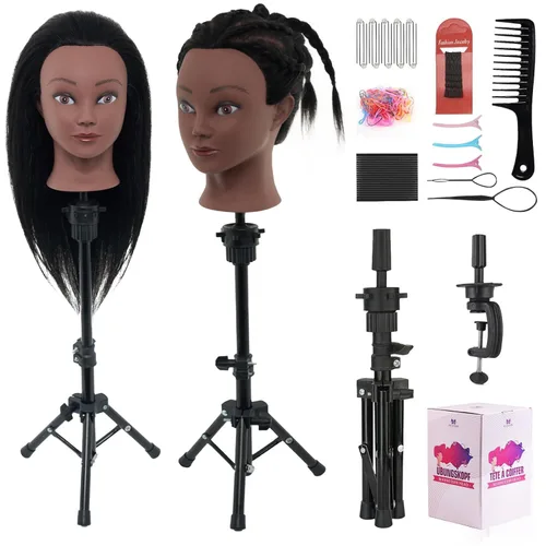 Vista 12 de Cabeza de maniquí de 18 pulgadas de cabello humano con soporte - Cabeza de maniquí 100% cabello real para práctica de maquillaje, cabeza de muñeca