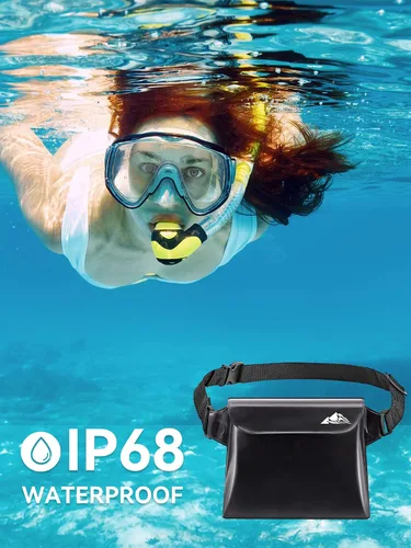 Vista 2 de HEETA Paquete de 2 bolsas impermeables con correa para la cintura, bolsa seca táctil con cinturón ajustable para teléfono, objetos de valor