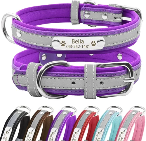 Vista 10 de Collares reflectantes personalizados para perros con acolchado de neopreno, collar de perro grabado personalizado con placa de nombre para perros