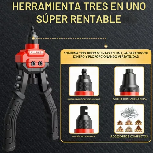 Vista 2 de WETOLS Herramienta de tuerca de remache 3 en 1, pistola de remache, juego de escariadores, kit de remachadora profesional con 5 cabezas de remache