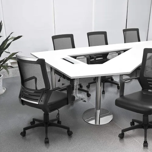 Vista 2 de Yaheetech Silla de computadora acolchada de cuero con respaldo de malla media con soporte lumbar, silla de oficina ergonómica de altura ajustable