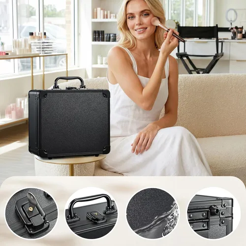 Vista 6 de Faquenc Estuche de maquillaje con espejo iluminado magnético, caja organizadora de maquillaje, estuche de cosméticos de viaje con espejo LED de 3