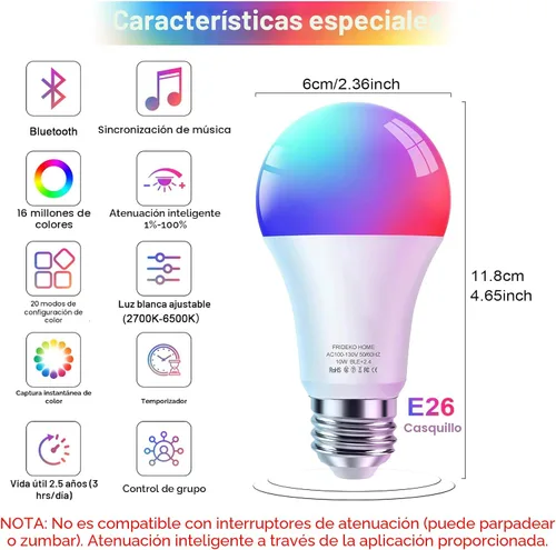 Vista 2 de FRIDEKO HOME Bombillas inteligentes – Bombilla LED regulable que cambia de color para el hogar, funciona con sincronización de música Bluetooth