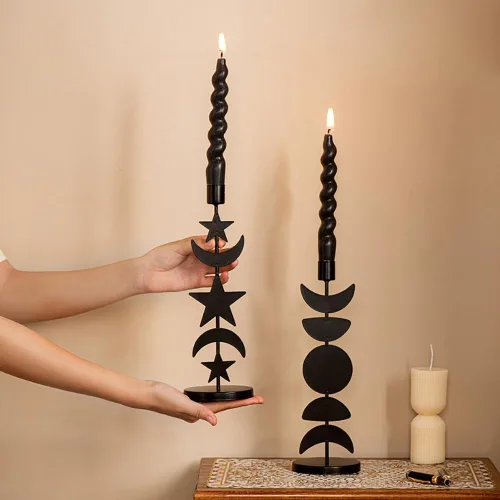 Vista 5 de Portavelas cónico de hierro, negro mate, portavelas alto con estrella y luna, soporte decorativo para velas para bodas, mesas de comedor, fiestas