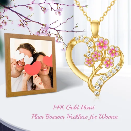Vista 24 de Collar de flor de nacimiento de oro real de 14 quilates para mujer, oro amarillo creado moissanita con colgante de corazón, collares