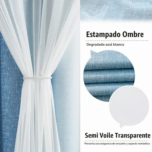 Vista 2 de Cortinas 100% opacas con superposición de gasa Mix and Match de doble capa, 54 pulgadas de largo, 2 paneles para dormitorio y sala de estar, azul