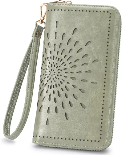 Vista 12 de APHISON Billetera para mujer, gran capacidad, monedero, tarjetero, RFID, pulsera, teléfono, cremallera, moneda, bolsillo de viaje azul