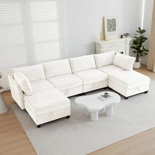 Vista 44 de ORRD Juego de sofá modular esquinero de gran tamaño, sofá convertible en forma de L con almacenamiento, sofá modular de 8 plazas con otomanas y Beige