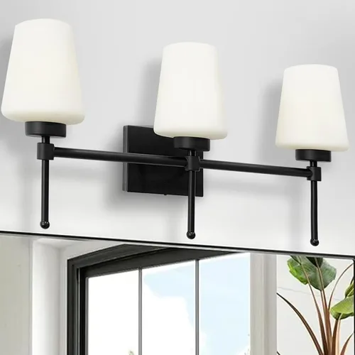 Vista 9 de Lámpara de baño de latón cepillado, 3 luces de 24 pulgadas, aplique de pared moderno con pantalla de vidrio para sobre el espejo, clasificación