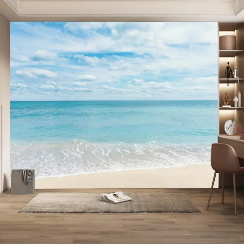 Vista 10 de Mural de pared 3D Ocean Beach, paisaje tropical, papel tapiz autoadhesivo extraíble para sala de estar, dormitorio, decoración de pared, 59 pulgadas