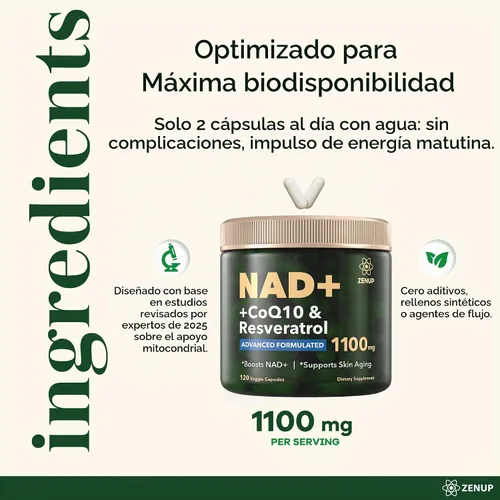 Vista 5 de NAD+ Suplemento 1100 mg NAD con resveratrol y quercetina Enfoque mental 120 cápsulas