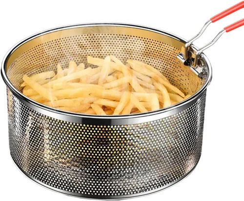 Vista 6 de Cesta para freír resistente a altas temperaturas para cocinar, colador de alimentos redondo de acero inoxidable para servir alimentos - Colador