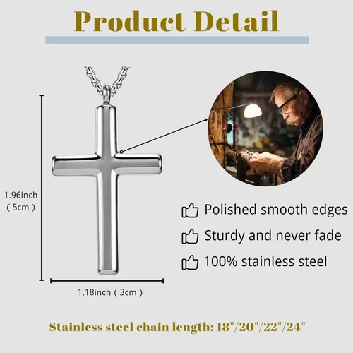 Vista 2 de Collar de cruz para hombre, colgante de cruz de acero inoxidable plateado y negro dorado para niños, regalos de fe para mujeres, cadena de caja