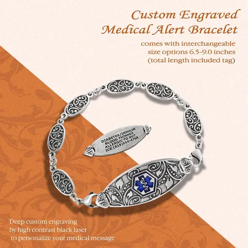 Vista 2 de Divoti Custom Engraved Medical Alert Bracelets for Women Stainless Steel Medical Bracelet Medical ID Bracelet wAntique Silver Plating Heritage