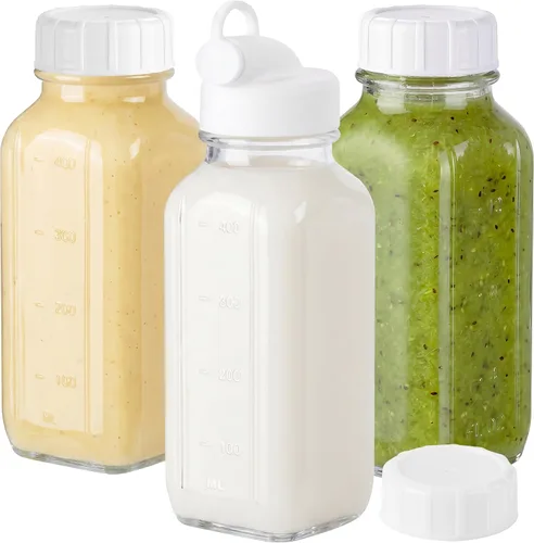 Vista 10 de CUCUMI 10 botellas de jugo de vidrio de 16 onzas con tapas, recipientes de jugo reutilizables, tarros de agua con cepillo, popotes de vidrio, tapas