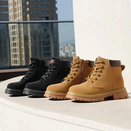 Vista 6 de JABASIC Botines de cuero para mujer, tacón bajo, con cordones, botas de combate, botas de trabajo de moda para exteriores