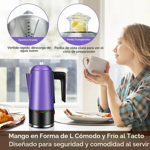 Vista 7 de Percolador de café eléctrico de 12 tazas Percolator Cafetera de acero inoxidable con perilla transparente, mango de tacto frío, función