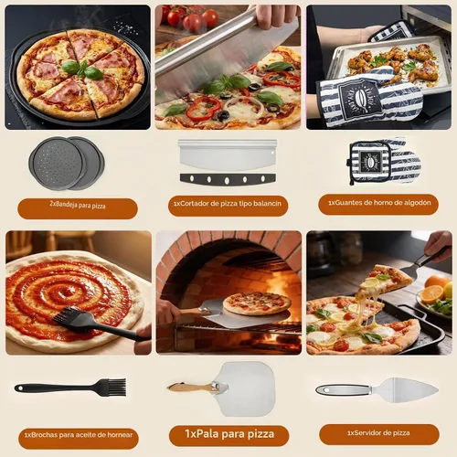 Vista 2 de Juego de Pala y Bandeja para Pizza, 7 Piezas de Accesorios para Horno de Pizza, Pala de Pizza de Metal de 12 Pulgadas (12"x 14") con Mango de Madera