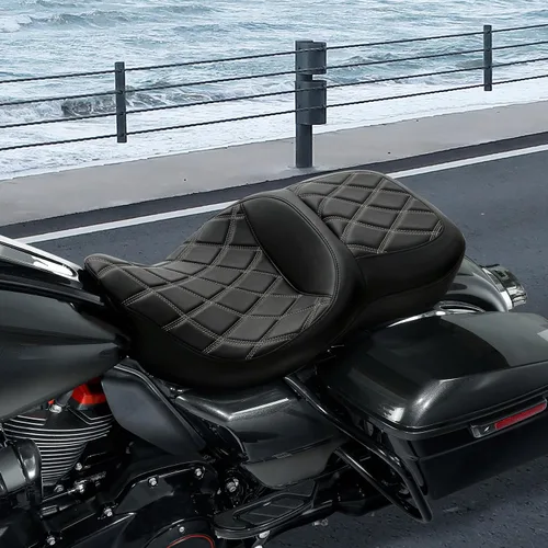 Vista 3 de C.C. RIDER Asiento de Cuero para Conductor y Pasajero - Asiento de Turismo de Gel Fat Diamond 2-Up Compatible con Harley Touring Road King Street