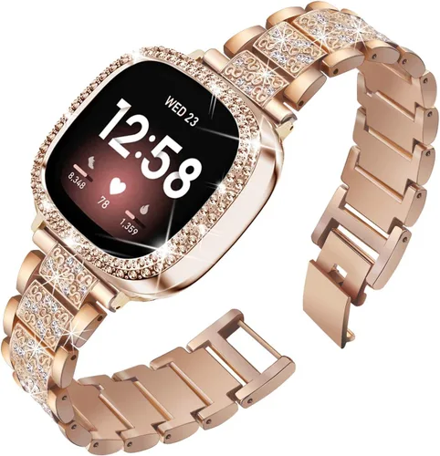 Vista 11 de Correa de reloj brillante compatible con Fitbit Versa 3/Fitbit Sense para mujer, correa ajustable de aleación de cristal con diamantes de imitación