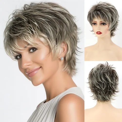 Vista 9 de SEVENCOLORS - Pelucas cortas onduladas de color marrón para mujeres blancas, peluca de cabello sintético con capas de rubio mezclado natural y rubio