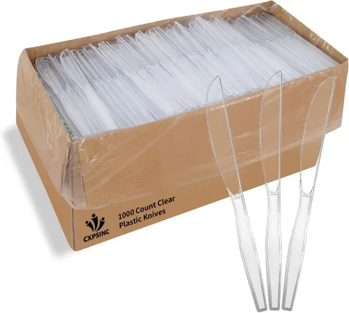 Vista 5 de [Paquete de 1000] Tenedores de plástico transparente desechables pesados, dimensiones para fiestas, caja combinada de cubiertos de plástico