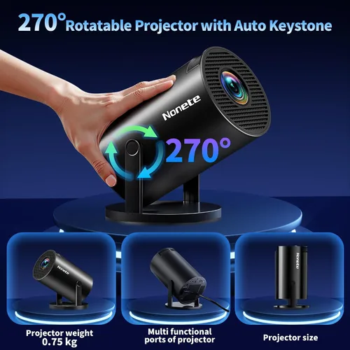 Vista 5 de Mini proyector 4K compatible con 1080P FHD - Keystone automático 270° giratorio, WiFi 6 y Bluetooth 5.2, Smart Android TV OS, proyector portátil