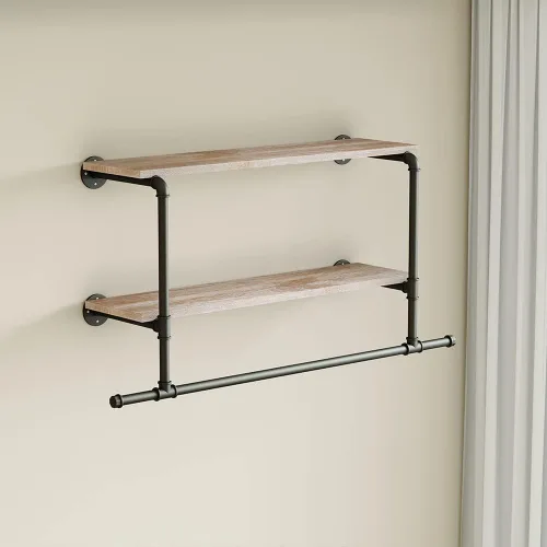 Vista 7 de Perchero Industrial de Tubería con Estante de Madera, Perchero de Ropa Montado en la Pared de 42 Pulgadas con Barra Colgante para la Lavandería