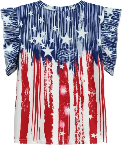 Vista 2 de Camisetas patrióticas para niñas del 4 de julio con volantes y bandera americana, manga corta, color rojo, blanco y azul, con estrellas