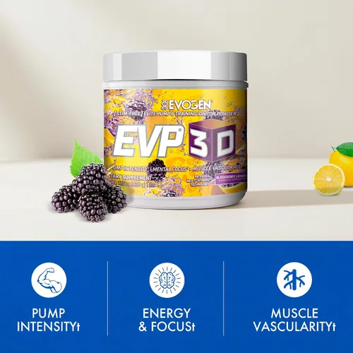 Vista 4 de Evogen EVP-3D Stim-Free Pre-Workout BlackBerry Lemonade 40 porciones Nitrato de arginina, L-citrulina, beta-alanina y creatina con melena