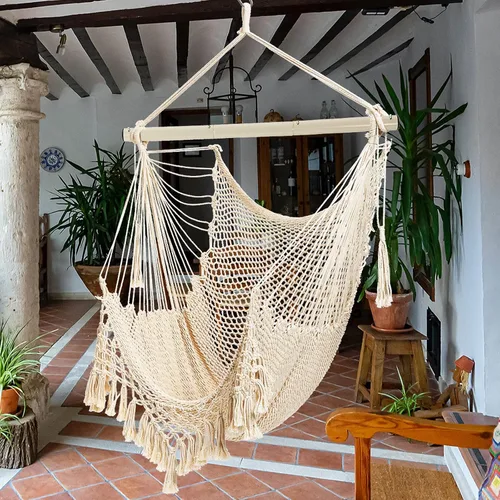 Vista 3 de Silla Hamaca, Máximo 330 Libras, Silla Colgante Grande, Silla Columpio de Cuerda de Algodón Suave con Varilla de Metal de Alta Capacidad de Carga