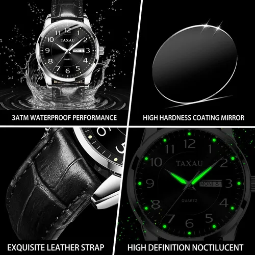 Vista 4 de Mens Leather Watch for Men Waterproof Analog Quartz Mens Watches Dress Minimalist Business Classic Big Face Watches for Men with Date Day