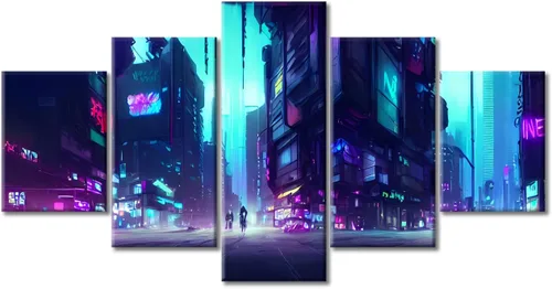 Vista 307 de Cuadros de 5 paneles de Cyberpunk City, arte de pared, representación de vallas publicitarias, edificios modernos en la capital con obras de arte