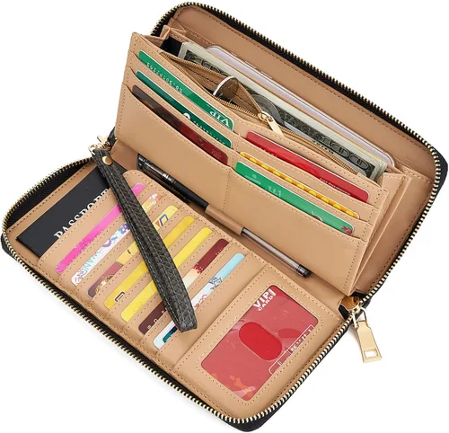 Vista 2 de Cartera de piel sintética con cremallera y bloqueo RFID para mujer, ideal para viajar